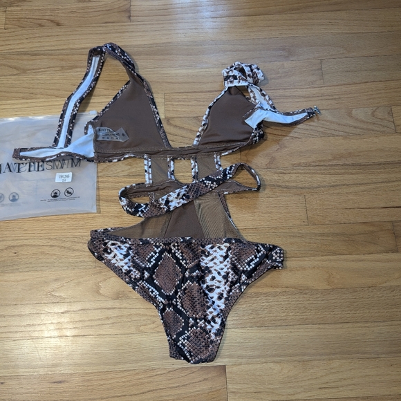 Brown Mesh Snakeskin Swimsuit One Piece Matte Swim Collection SMALL - Picture 7 of 8